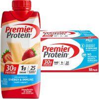 Протеиновые шейки Premier 30 г + энергия и поддержка иммунитета, Клубника и Сливки, 11 жидких унций, пачка 18 штук