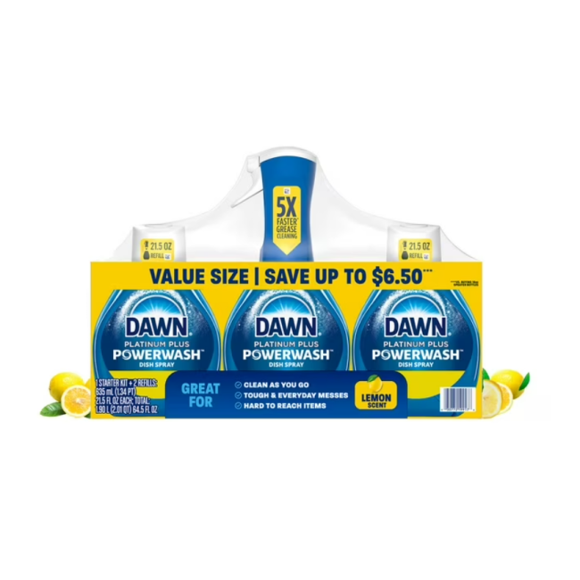 Спрей для мытья посуды  Dawn Platinum Plus Powerwash лимон  3 упаковки с 1 опрыскивателем 1,9 л большой объем  США