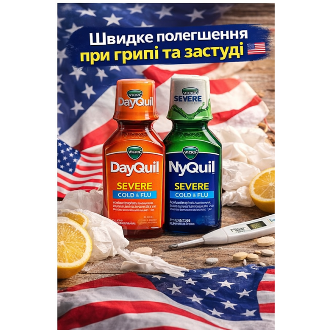 Vicks DayQuil + NyQuil Severe — набор 3 сиропа от кашля и простуды/гриппа (1 дневной + 2 ночных), 354 мл × 3, США