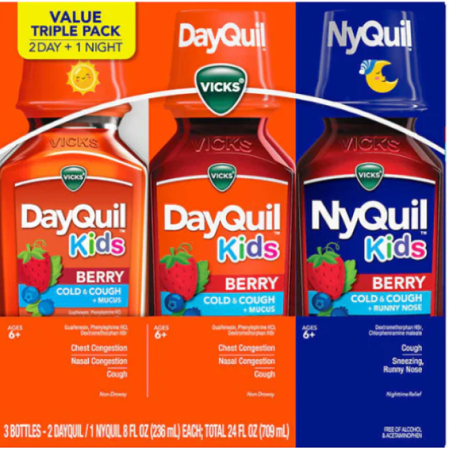 Vicks DayQuil Kids + NyQuil Kids Berry — набор 3 сиропа для детей от кашля и простуды (2 дневных + 1 ночной), 236 мл × 3, США