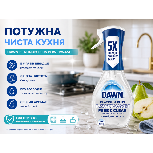 Спрей для мытья посуды Dawn Platinum Plus Powerwash Free & Clear  473 мл США