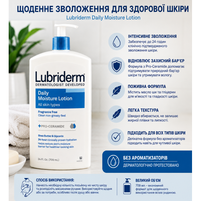 Увлажняющий лосьон для тела Lubriderm Daily Moisture без отдушек, 709 мл США